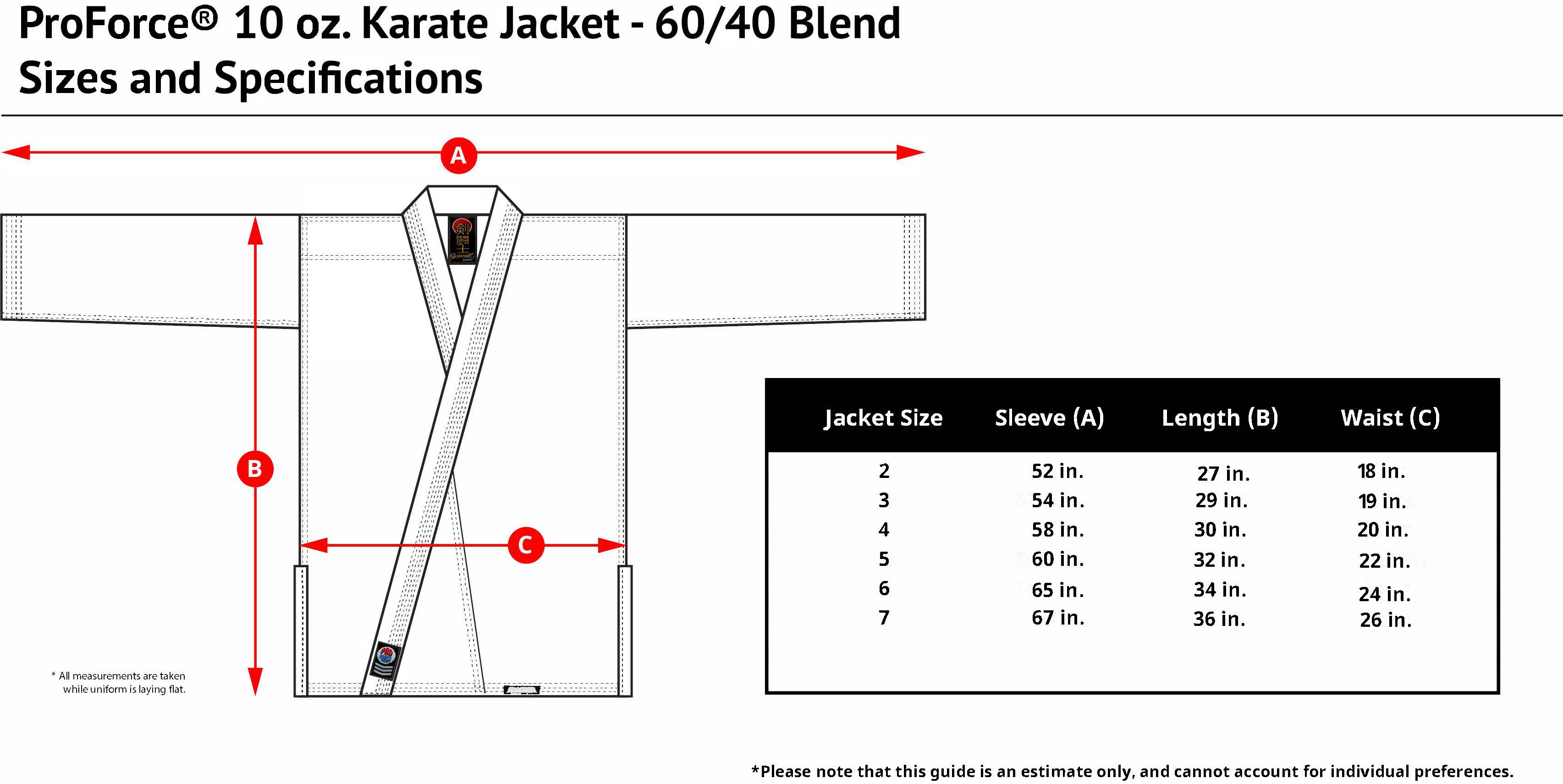 Proforce Karate Jacket 10 oz 6/40 Blend Size Chart