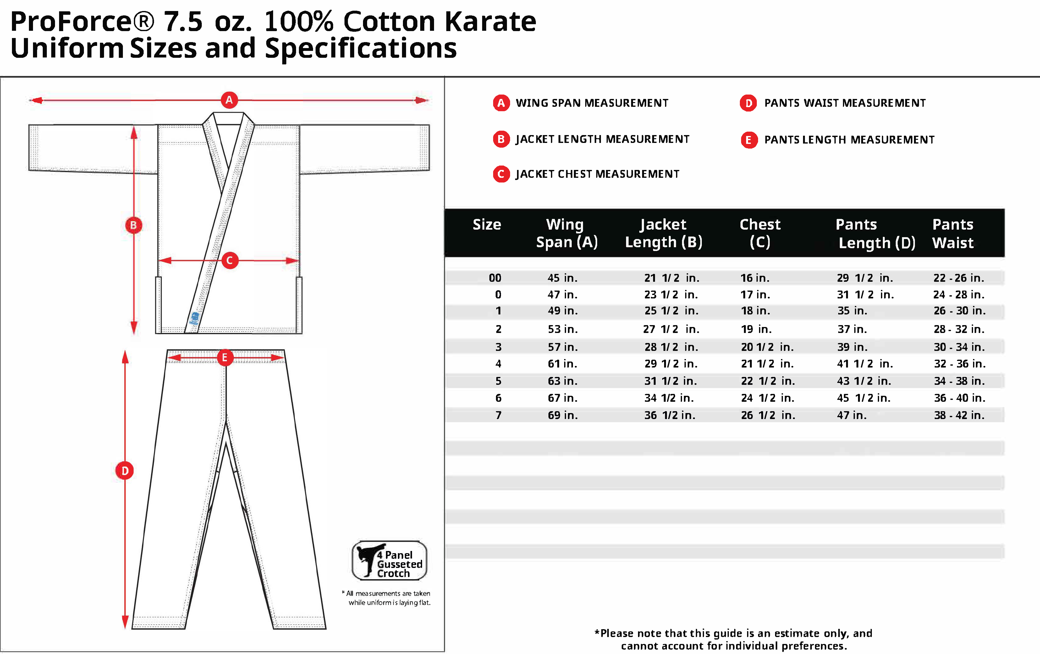 ProForce® 7.5 oz. Karate Uniform 100% Cotton Size Chart