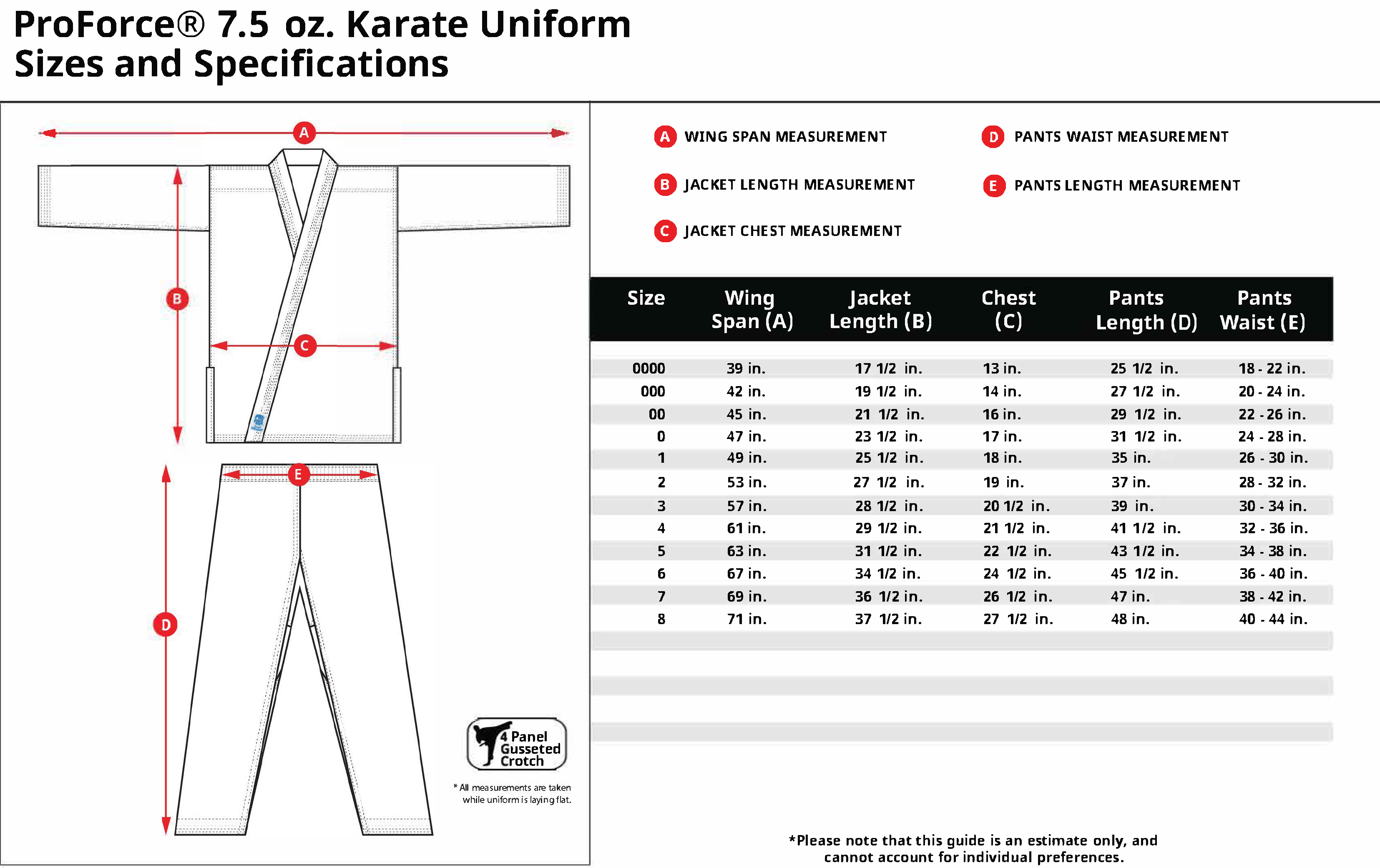 Proforce Gladiator Karate Uniform 7.5 oz. Size Chart