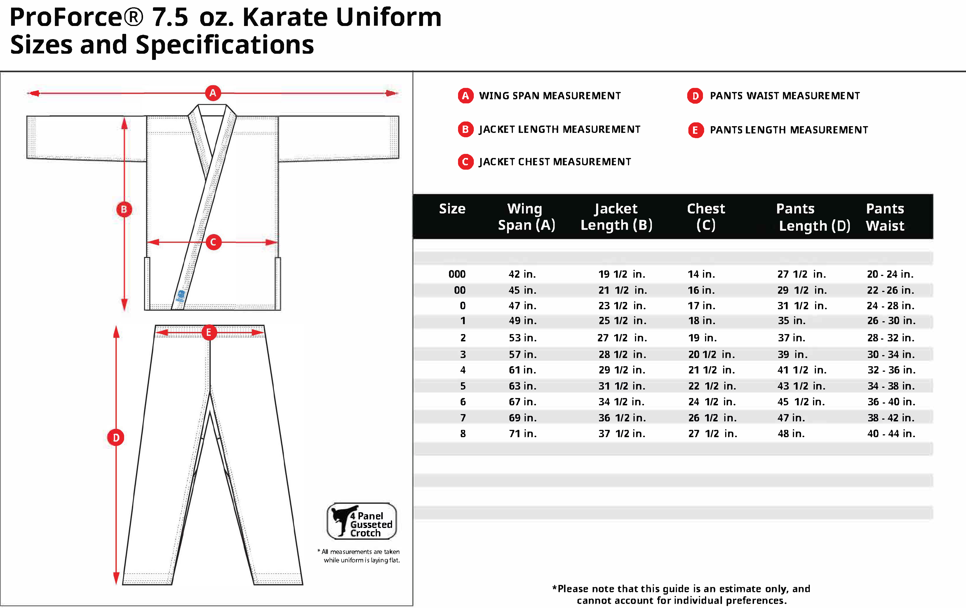 ProForce® 7.5 oz. Karate Uniform Red Blue Size Chart