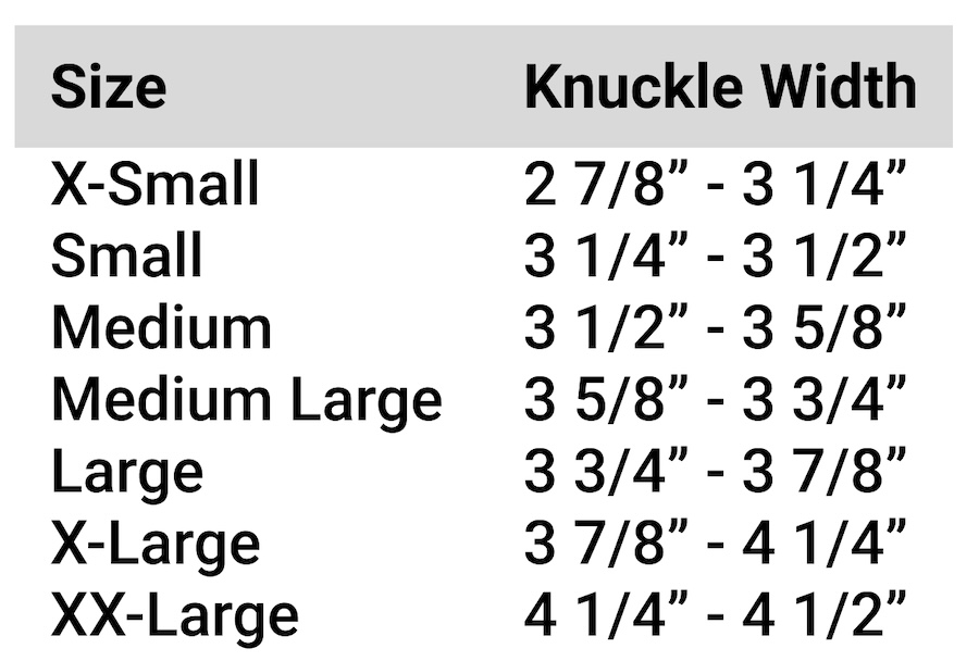 ProForce® Semi-Contact Gloves Size Chart
